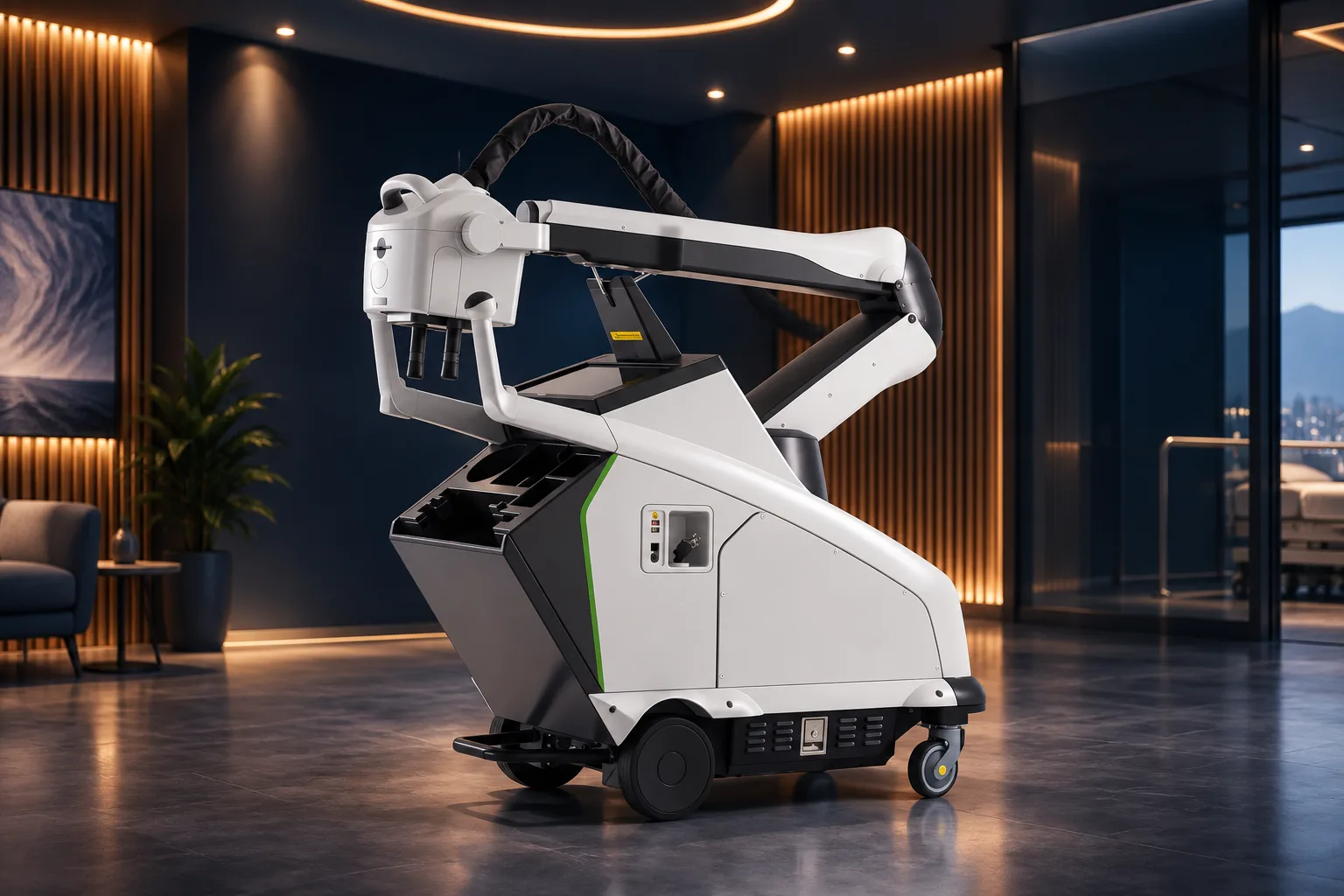 Equipo de rayos X móvil Micro-X Rover Plus con el brazo extendido